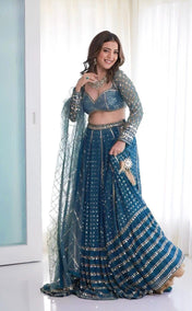 Wedding Wear Blue Color Faux Georgette Lehenga For Girls
