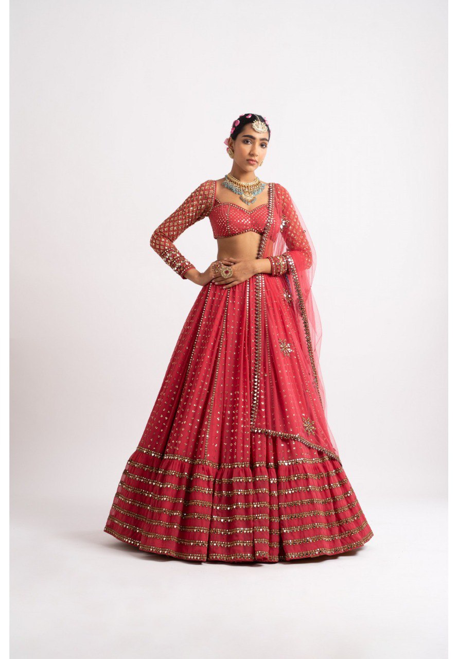 Party Wear Red Color Faux Georgette Lehenga For Women