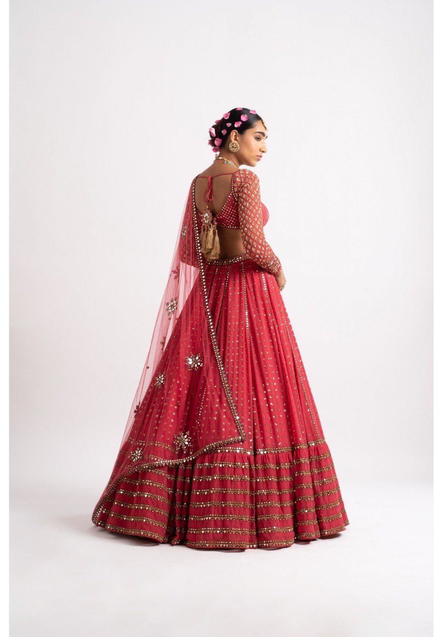 Party Wear Red Color Faux Georgette Lehenga For Women