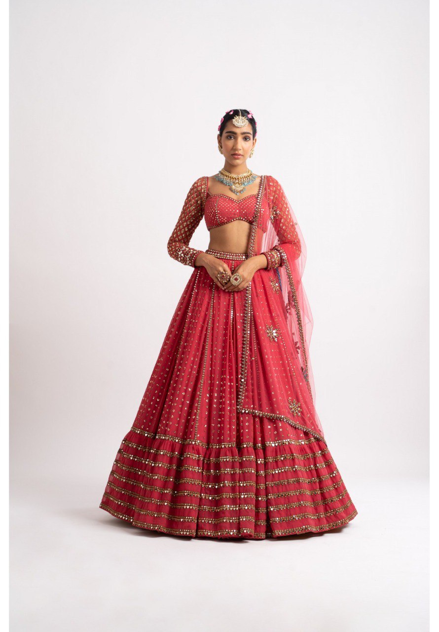Party Wear Red Color Faux Georgette Lehenga For Women