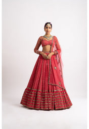 Party Wear Red Color Faux Georgette Lehenga For Women