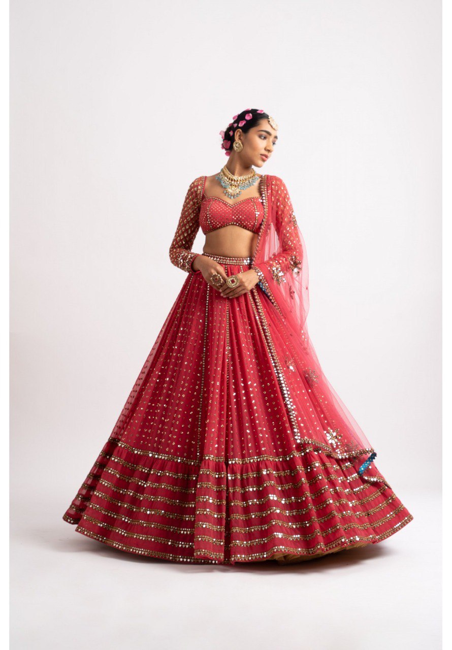 Party Wear Red Color Faux Georgette Lehenga For Women
