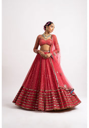 Party Wear Red Color Faux Georgette Lehenga For Women