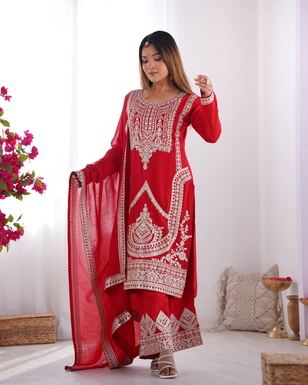 Festival Wear Red Color Pure Vichitra Silk Kurti For Girls
