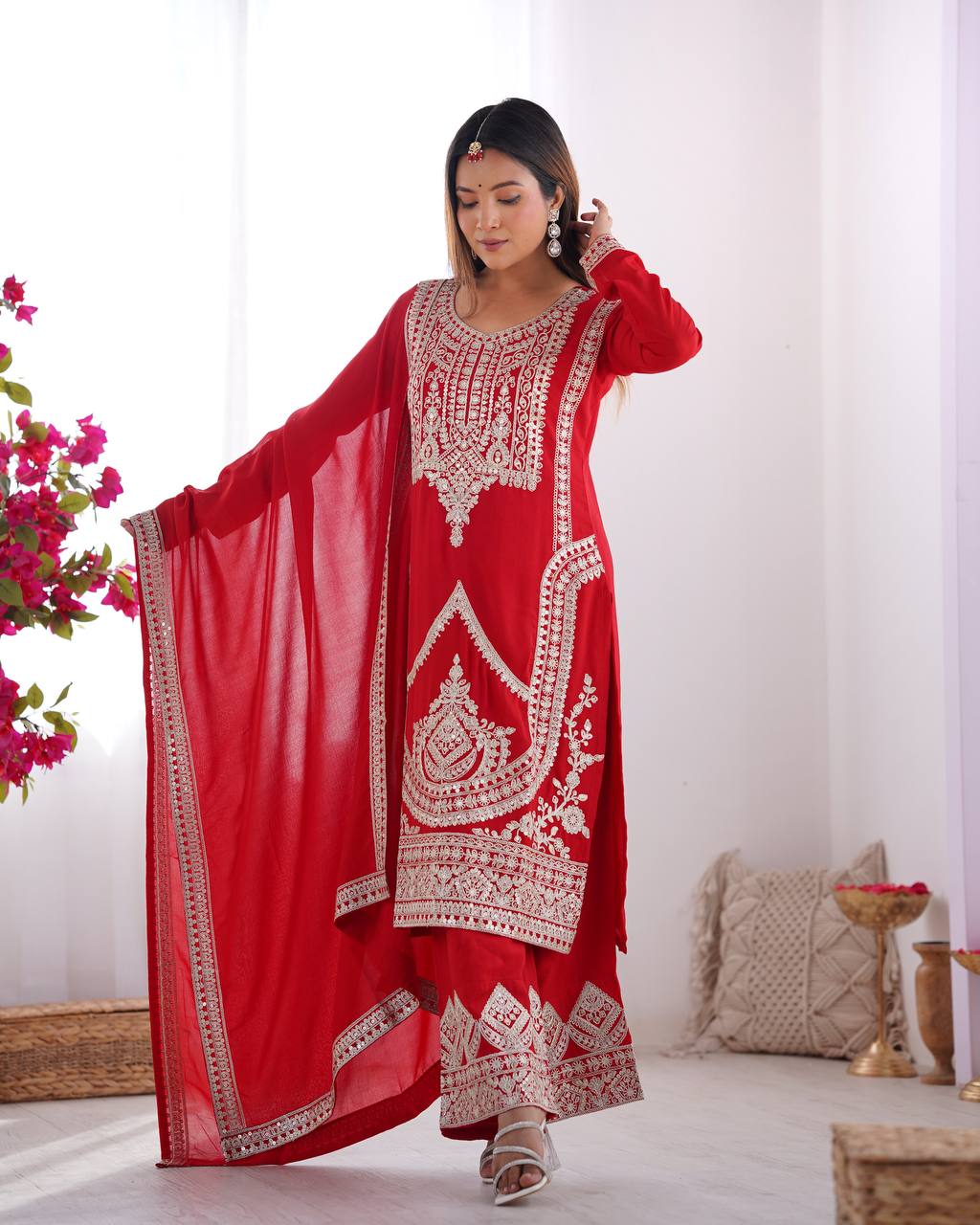 Festival Wear Red Color Pure Vichitra Silk Kurti For Girls
