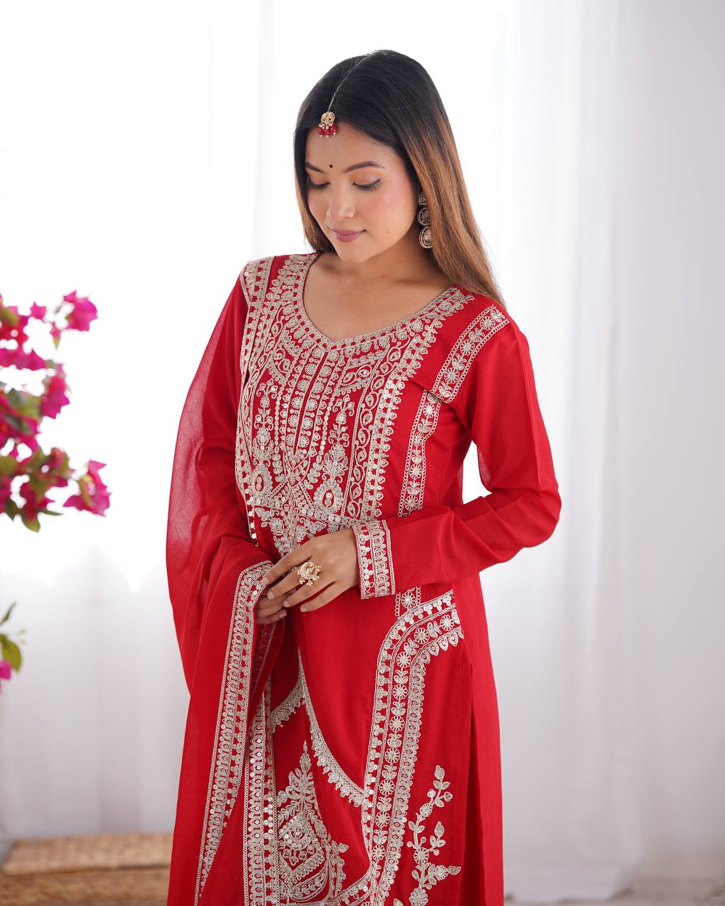 Festival Wear Red Color Pure Vichitra Silk Kurti For Girls