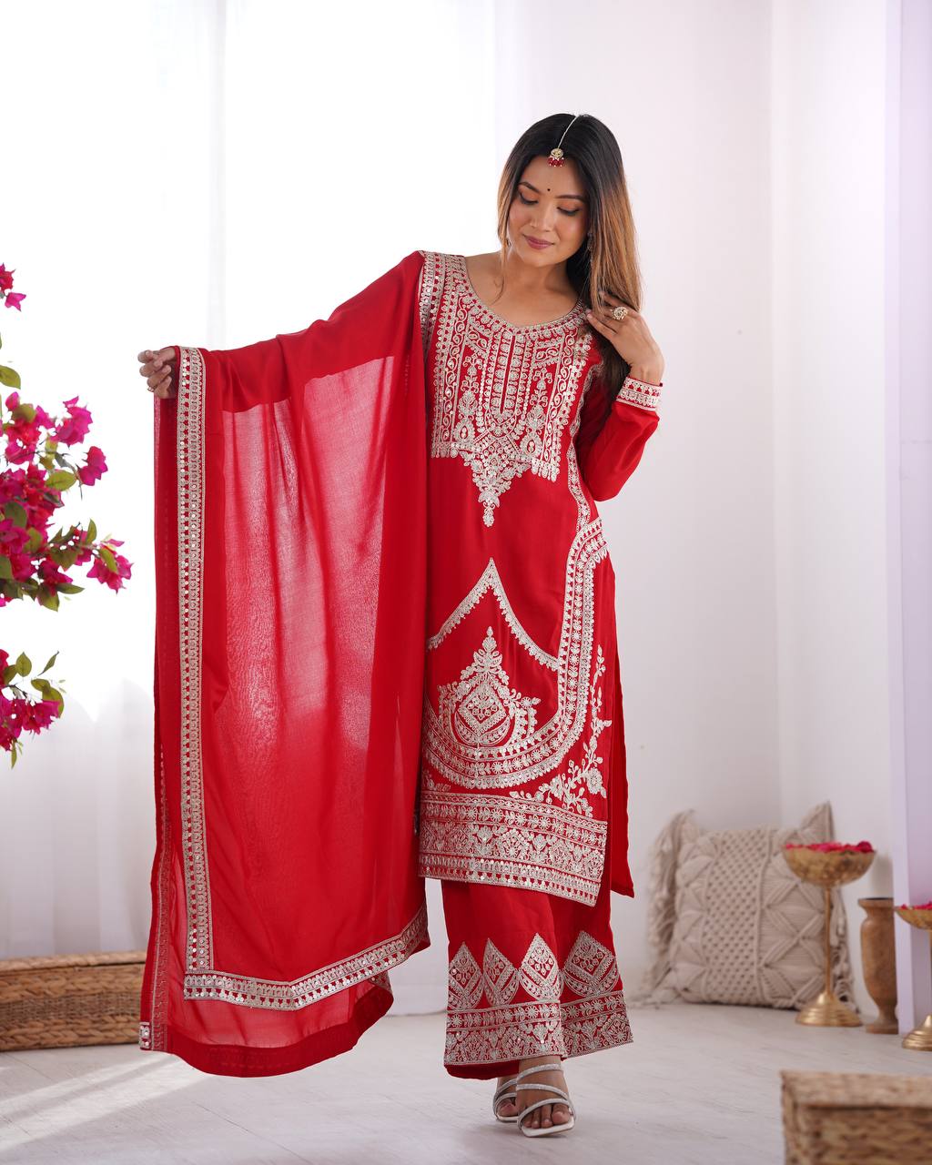 Festival Wear Red Color Pure Vichitra Silk Kurti For Girls