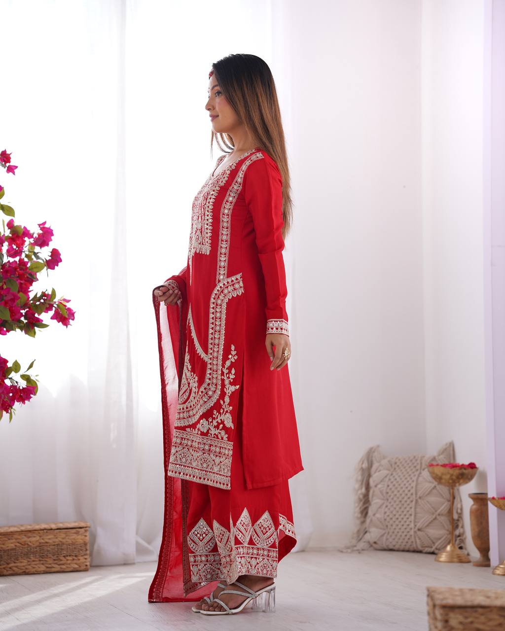 Festival Wear Red Color Pure Vichitra Silk Kurti For Girls