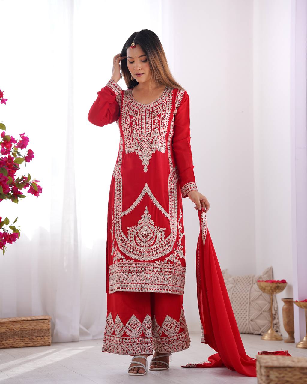Festival Wear Red Color Pure Vichitra Silk Kurti For Girls