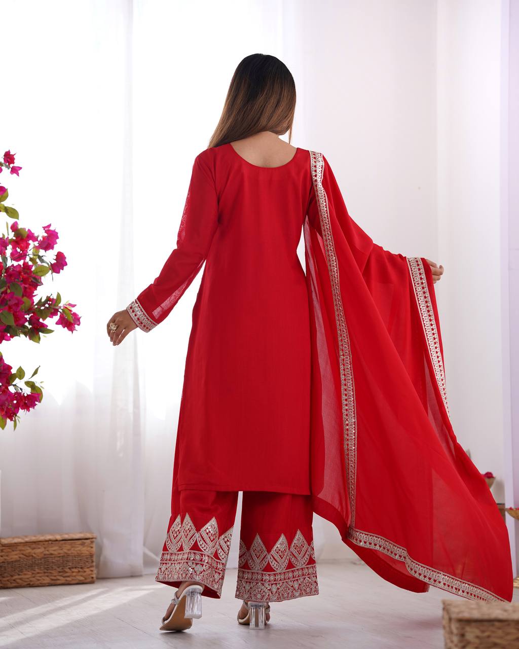 Festival Wear Red Color Pure Vichitra Silk Kurti For Girls