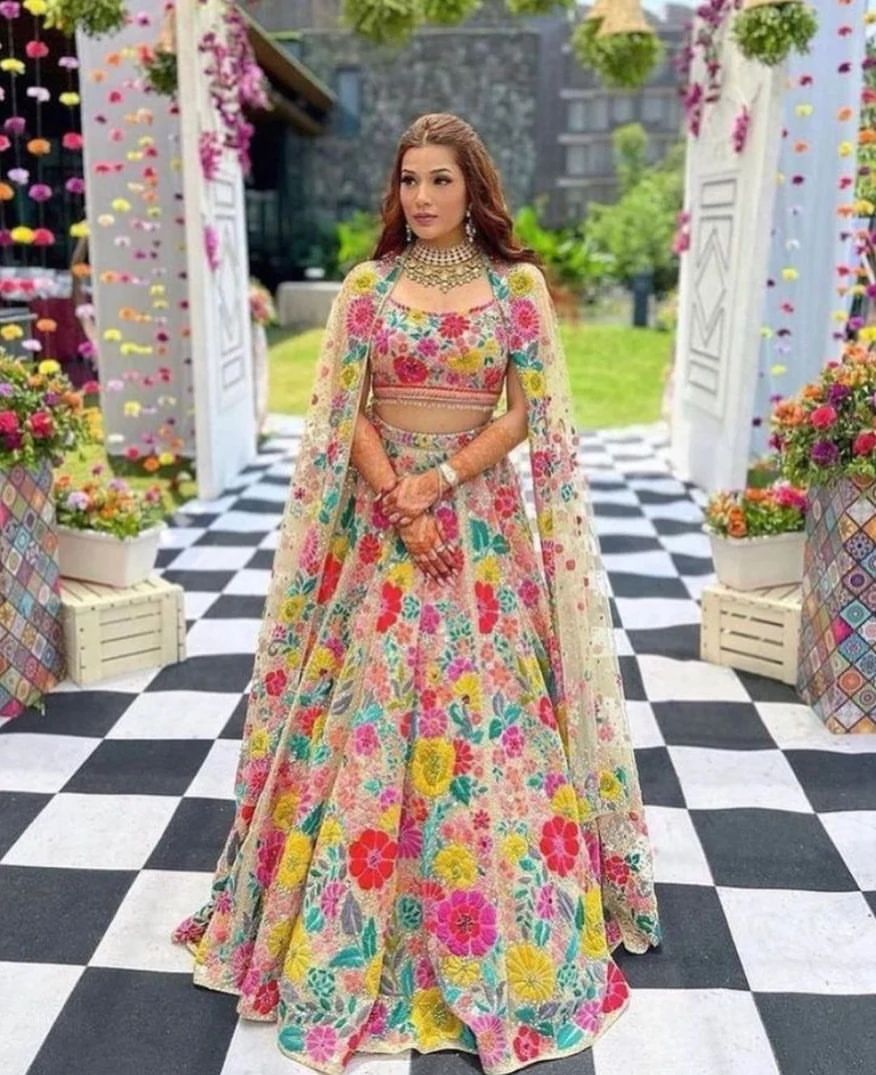 Festival Wear Multi Color Faux Georgette Lehenga For Girls
