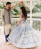 Party Wear Grey Color Net Lehenga For Bride