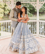Party Wear Grey Color Net Lehenga For Bride