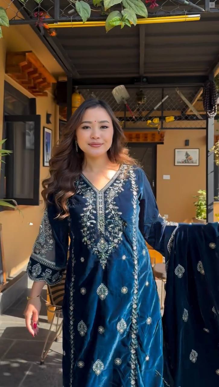 Party Wear Blue Color Viscose Velvet Kurti For Girls