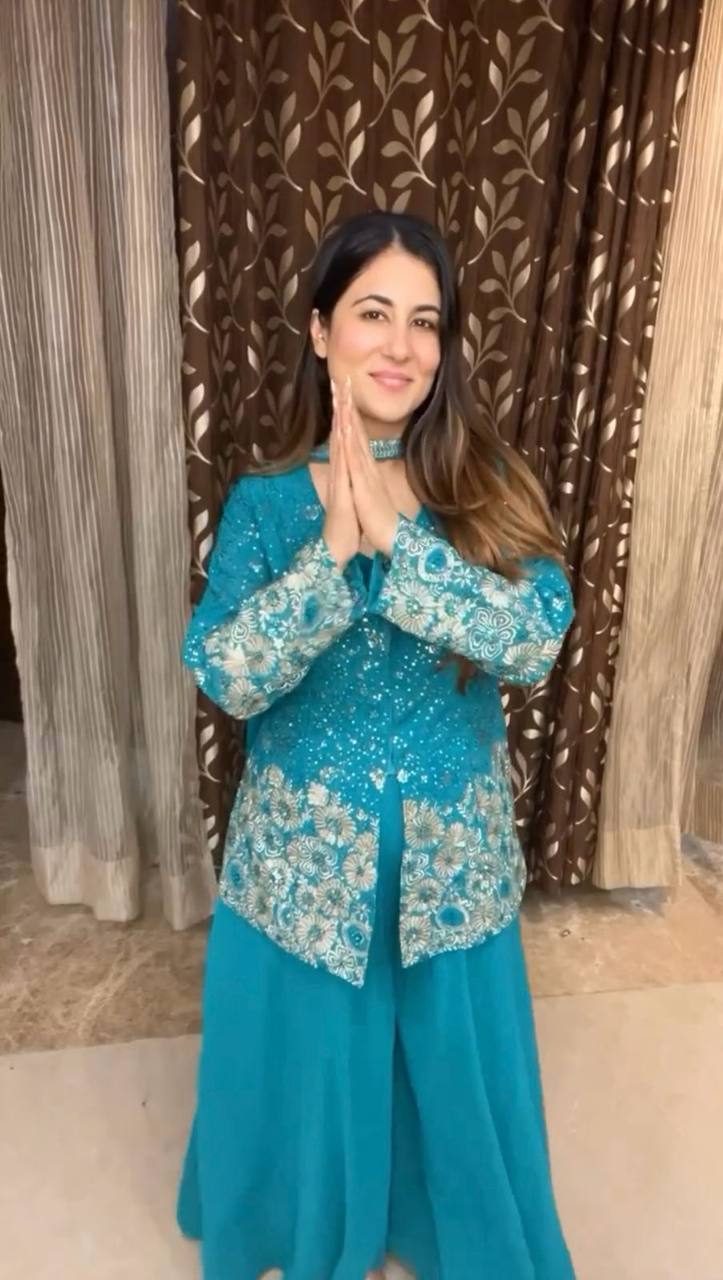 Party Wear Sky Blue Color Georgette Sharara For Girls