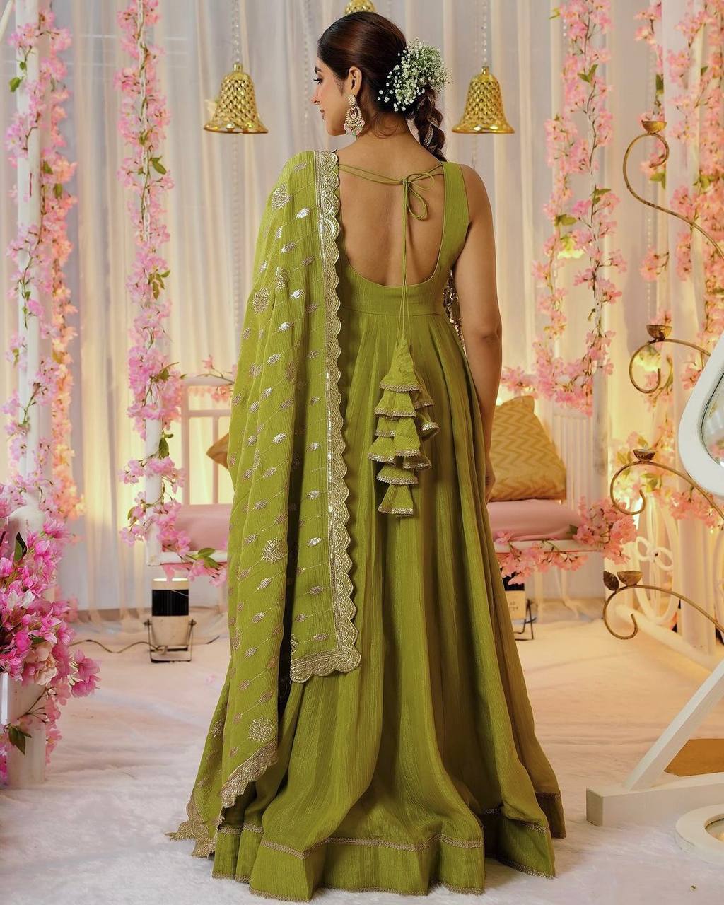 Wedding Wear Green Color Heavy Chinnon Silk Gown For Girls
