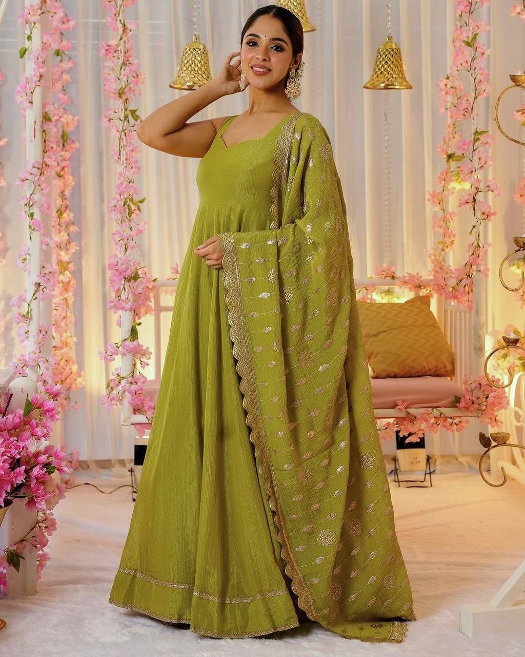 Wedding Wear Green Color Heavy Chinnon Silk Gown For Girls