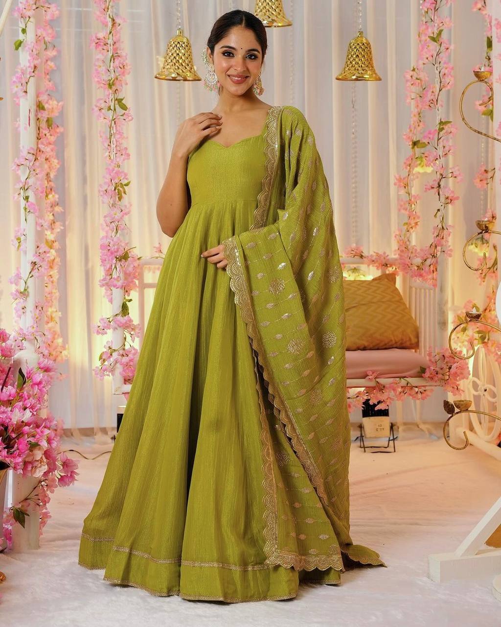 Wedding Wear Green Color Heavy Chinnon Silk Gown For Girls
