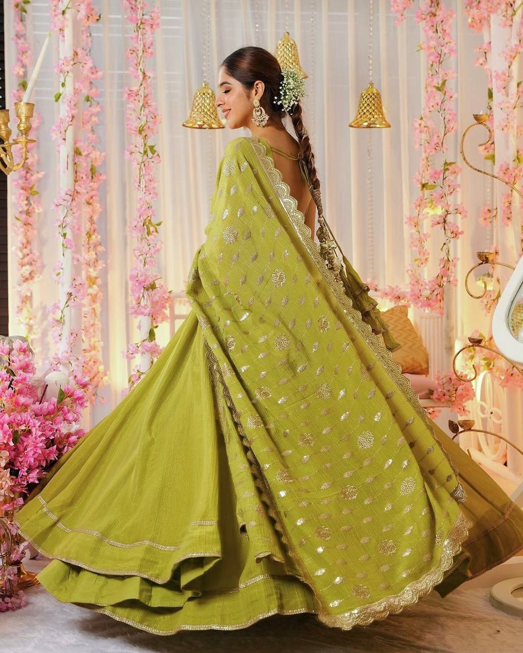 Wedding Wear Green Color Heavy Chinnon Silk Gown For Girls