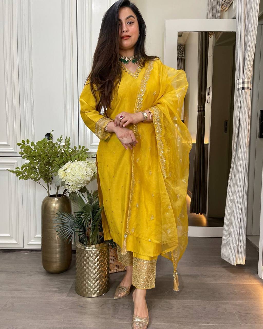 Party Wear Yellow Color Roman Silk Kurti For Girls