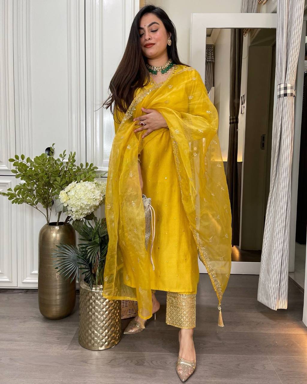 Party Wear Yellow Color Roman Silk Kurti For Girls