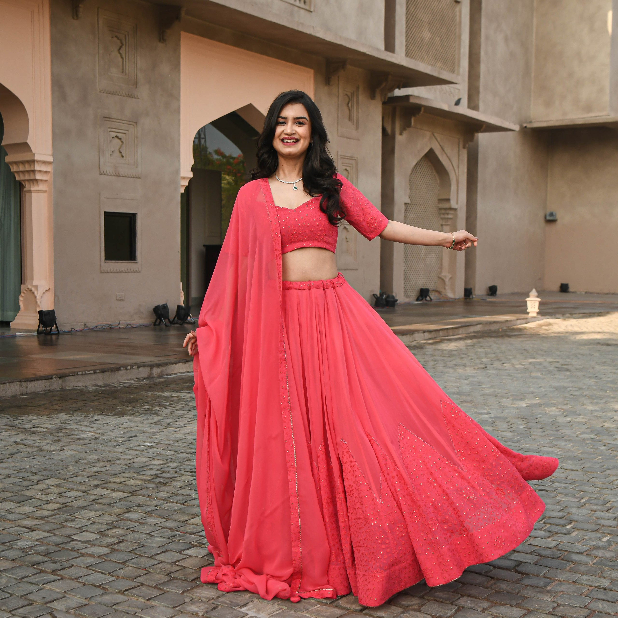 Wedding Wear Gajri Color Georgette Lehenga For Girls