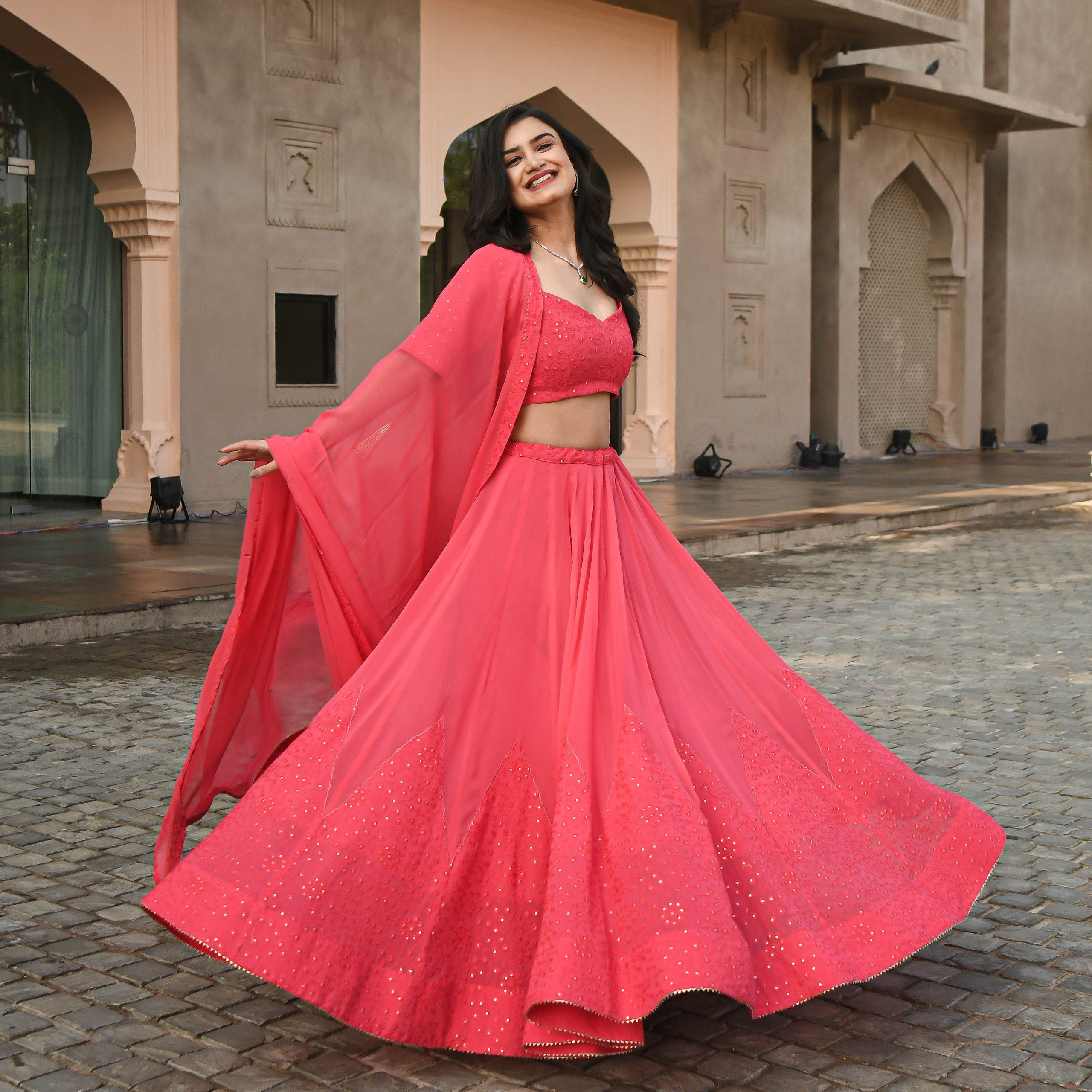 Wedding Wear Gajri Color Georgette Lehenga For Girls