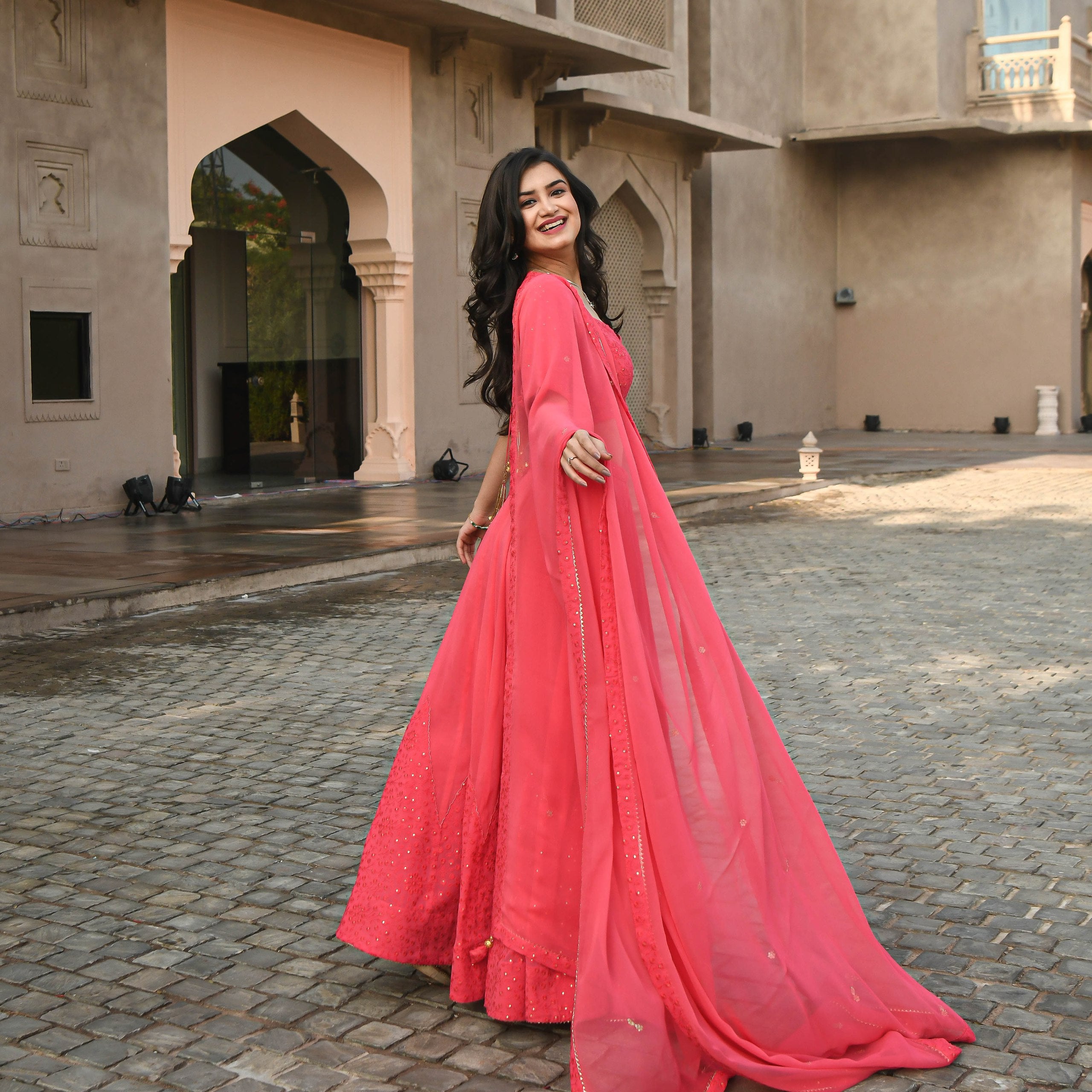 Wedding Wear Gajri Color Georgette Lehenga For Girls