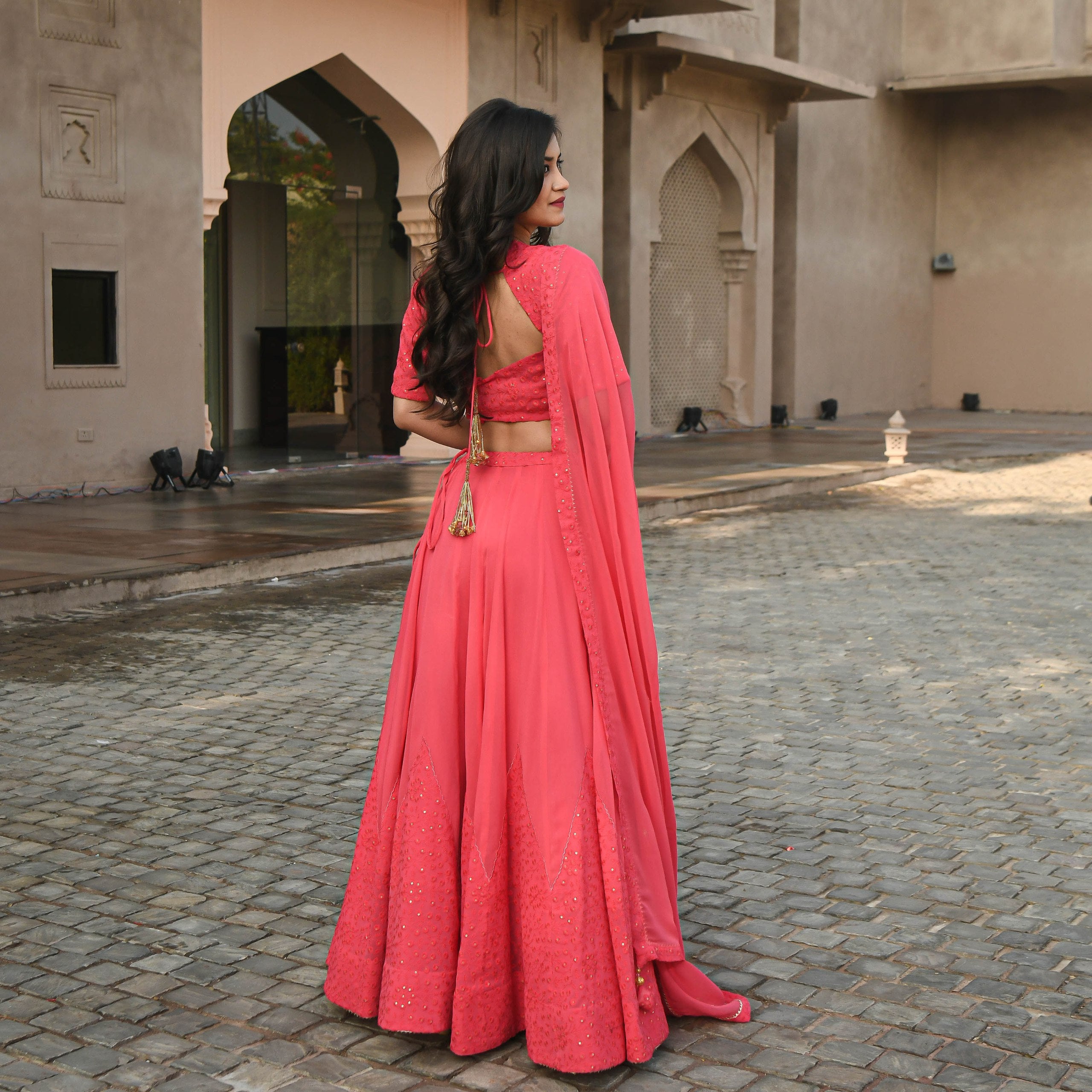 Wedding Wear Gajri Color Georgette Lehenga For Girls