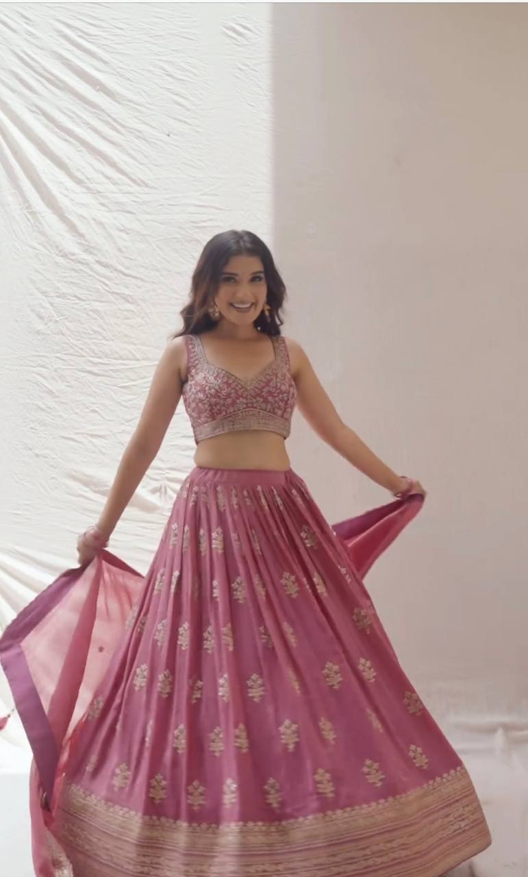 Wedding Wear Pink Color Heavy Chinon Silk Lehenga For Girls