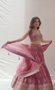 Wedding Wear Pink Color Heavy Chinon Silk Lehenga For Girls