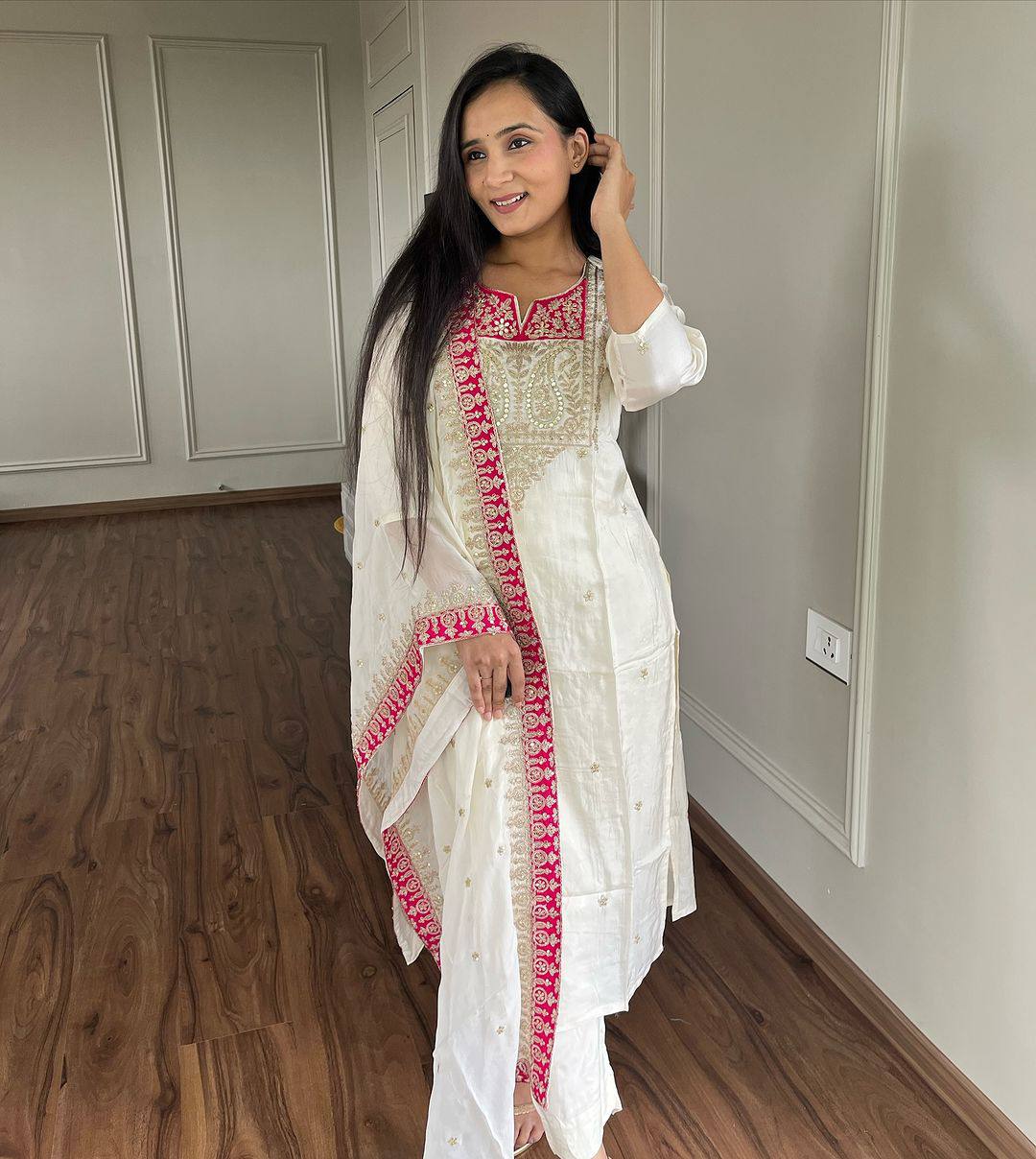 Wedding Wear White Color Pure Chinnon Silk Kurti For Girls