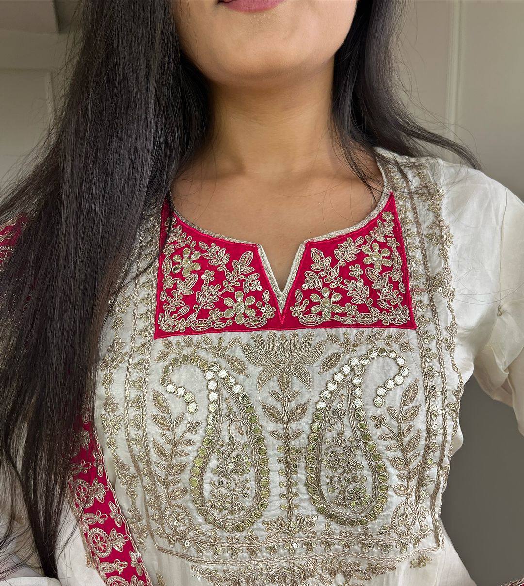 Wedding Wear White Color Pure Chinnon Silk Kurti For Girls