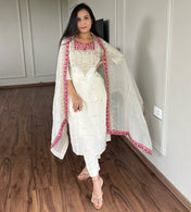 Wedding Wear White Color Pure Chinnon Silk Kurti For Girls