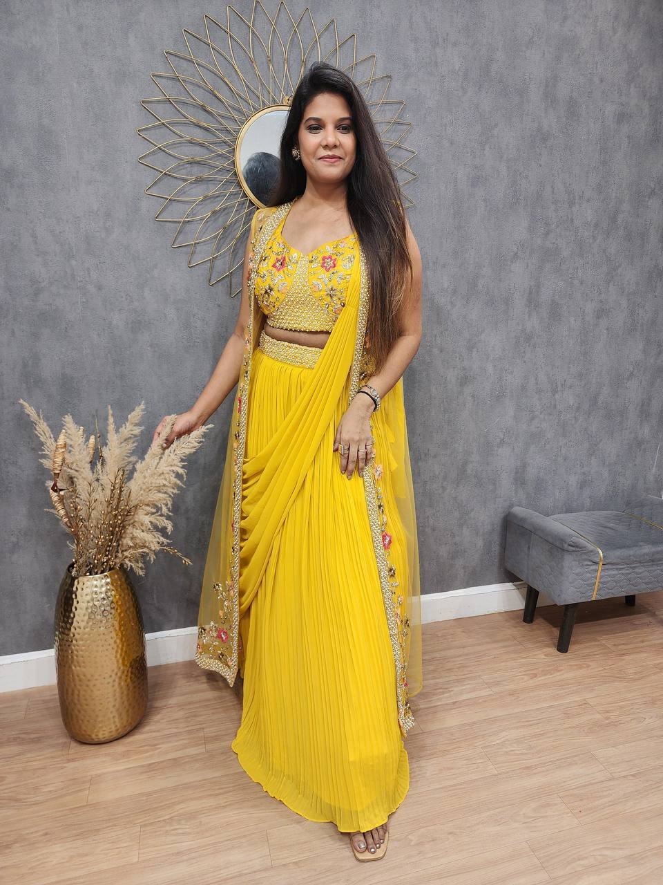 Wedding Wear Yellow Color Georgette With Embroidery Saree For Girls