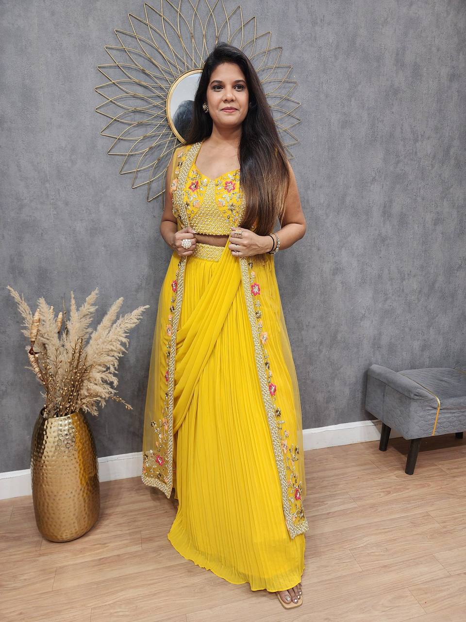 Wedding Wear Yellow Color Georgette With Embroidery Saree For Girls