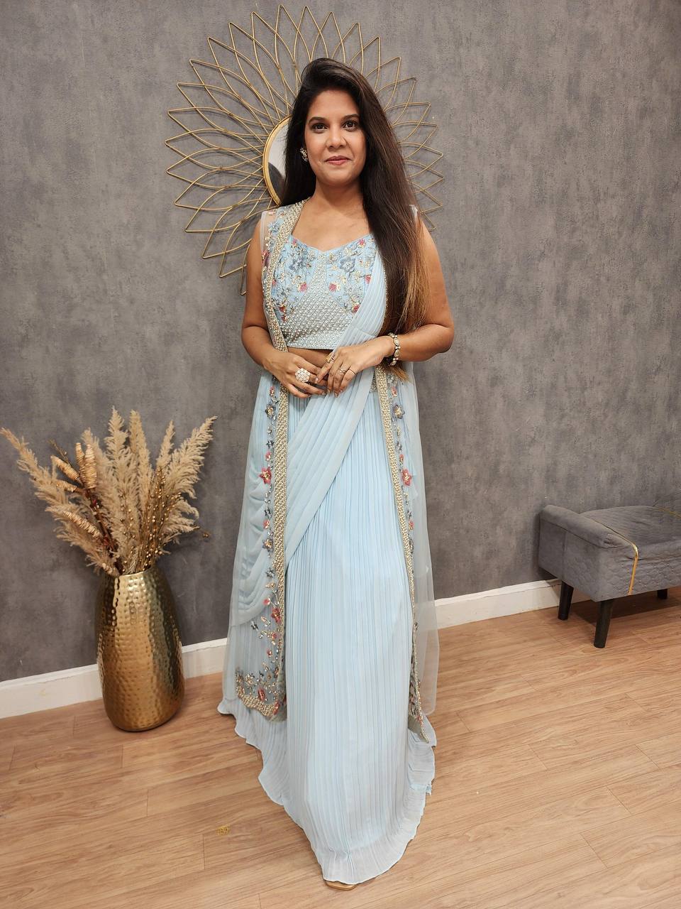 Party Wear Sky Blue Color Georgette With Embroidery Saree For Women