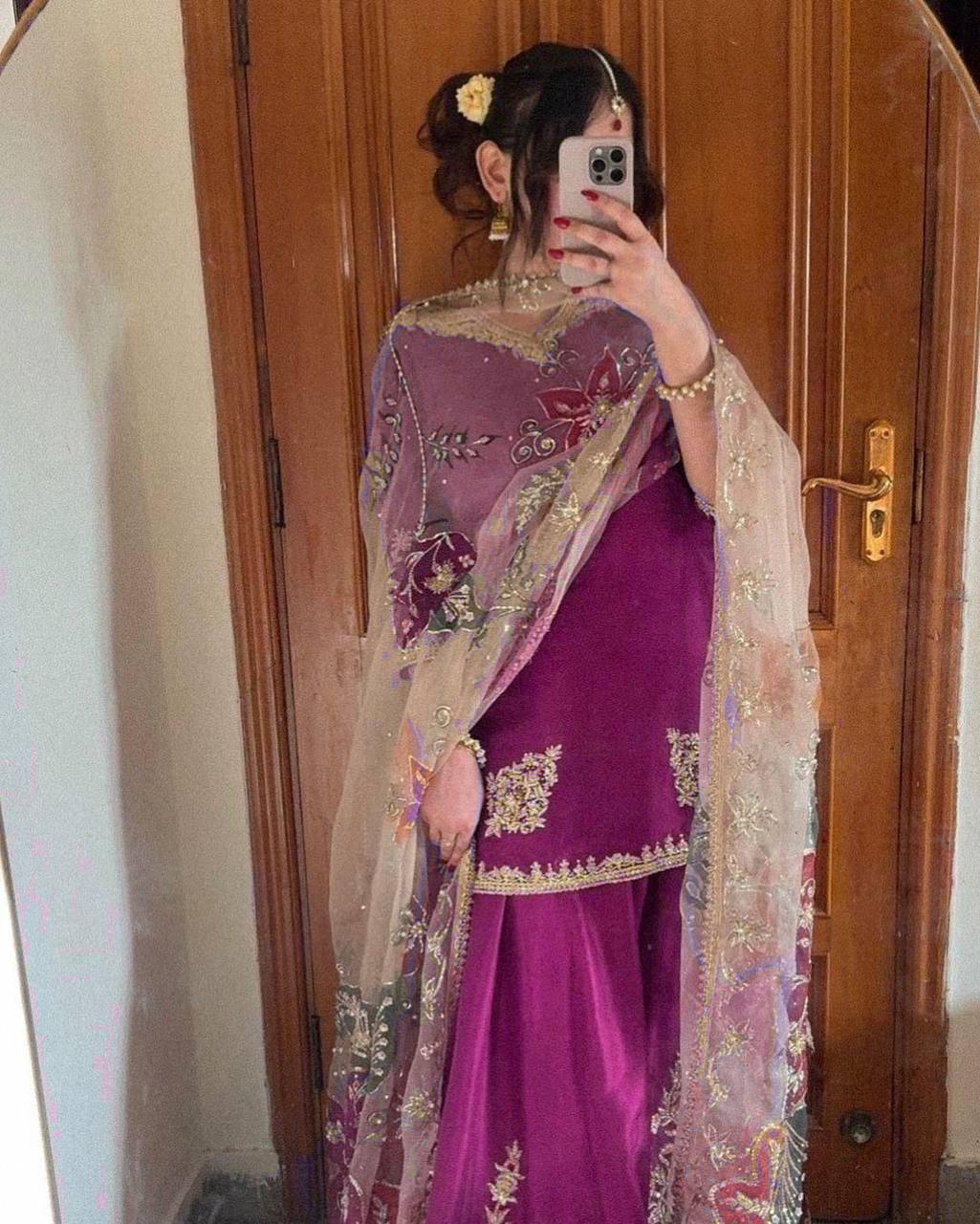 Wedding Wear Purple Color Chinon Silk Sharara For Girls