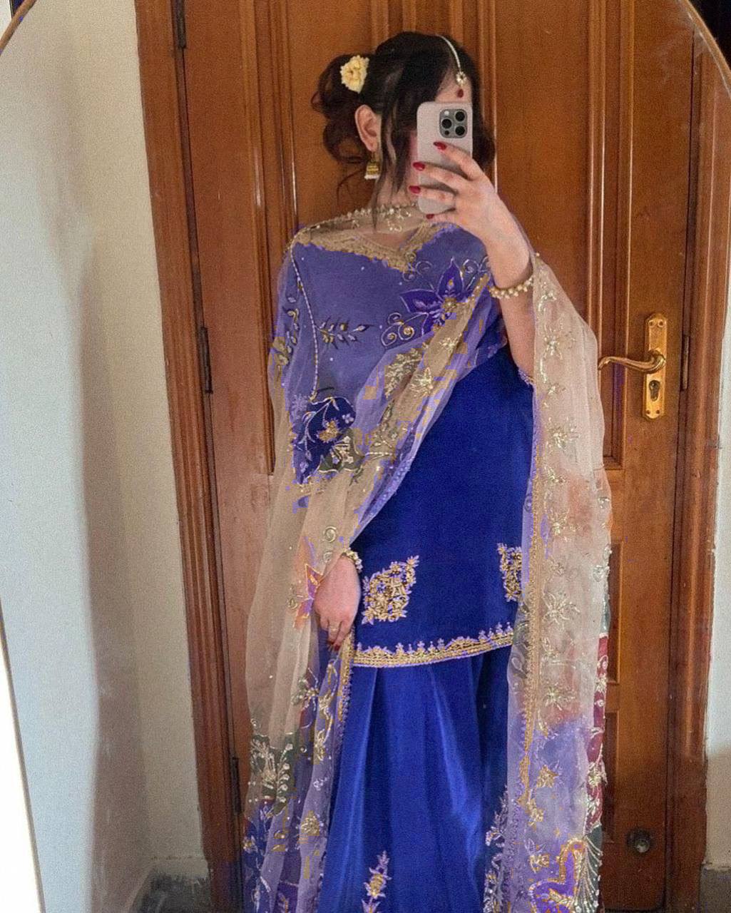 Party Wear Blue Color Chinon Silk Sharara For Girls