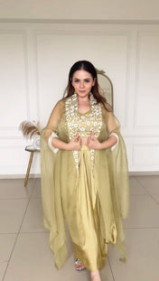 Golden Color Japan Satin Fabric Salwar Kameez Set For Girls