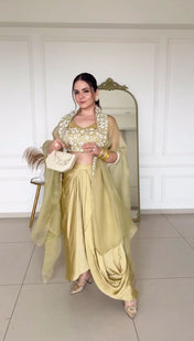Golden Color Japan Satin Fabric Salwar Kameez Set For Girls