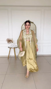 Golden Color Japan Satin Fabric Salwar Kameez Set For Girls