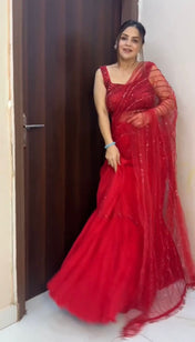 Wedding Wear Red Color Butterfiy Net Saree For Women