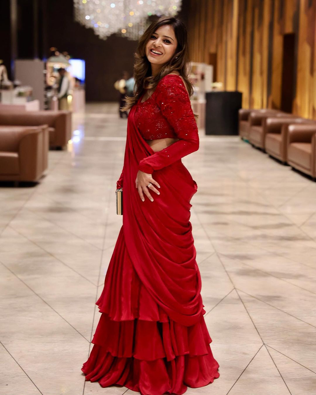 Wedding Wear Red Color Chinon Silk Saree For Women