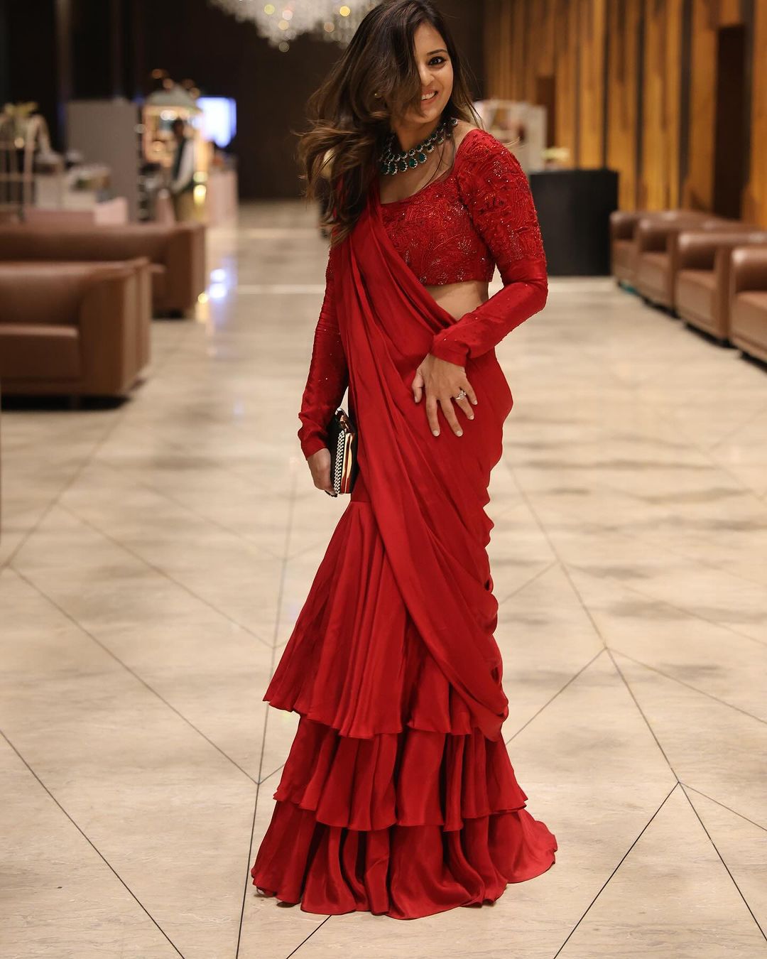 Wedding Wear Red Color Chinon Silk Saree For Women