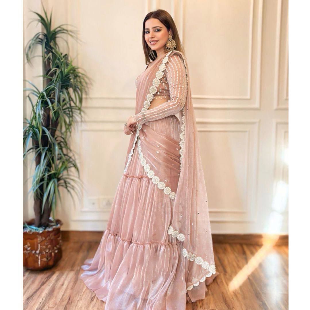 Wedding Wear Baby Pink Color Twil Orgnza Saree For Girls