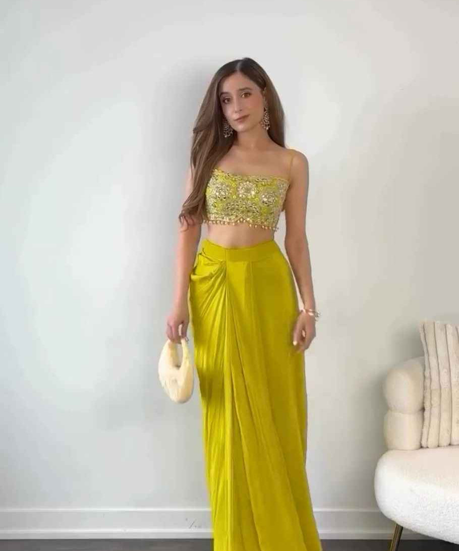 Party Wear Yellow Color Chinon silk Dhoti With Strug Choli for girls