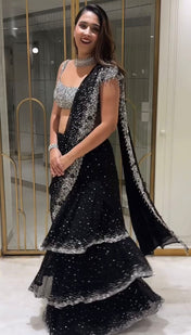 Wedding Wear Black Color Georgette Saree For Girls