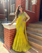Wedding Wear Yellow Color Foux Gorgette Saree Set For Women