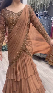 Wedding Wear Beige Color Faux Georgette Saree For Girls